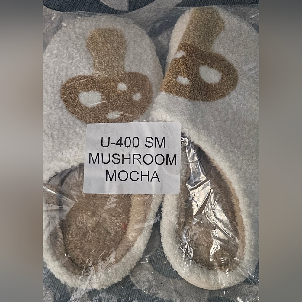 Cozy White Slippers with Tan Mushroom Design Small / Med